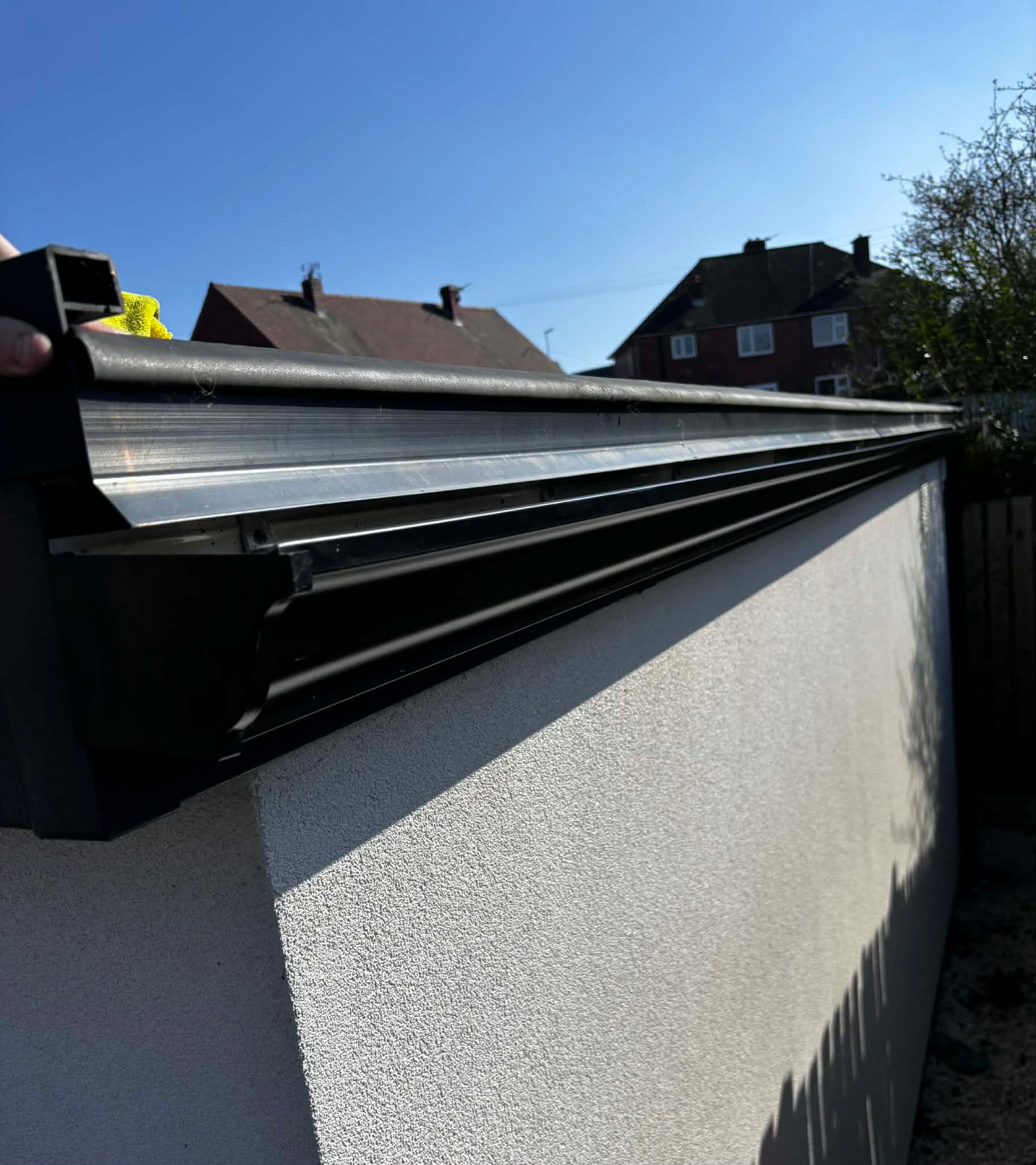 Close-up of bespoke seamless aluminium gutter corner detail
