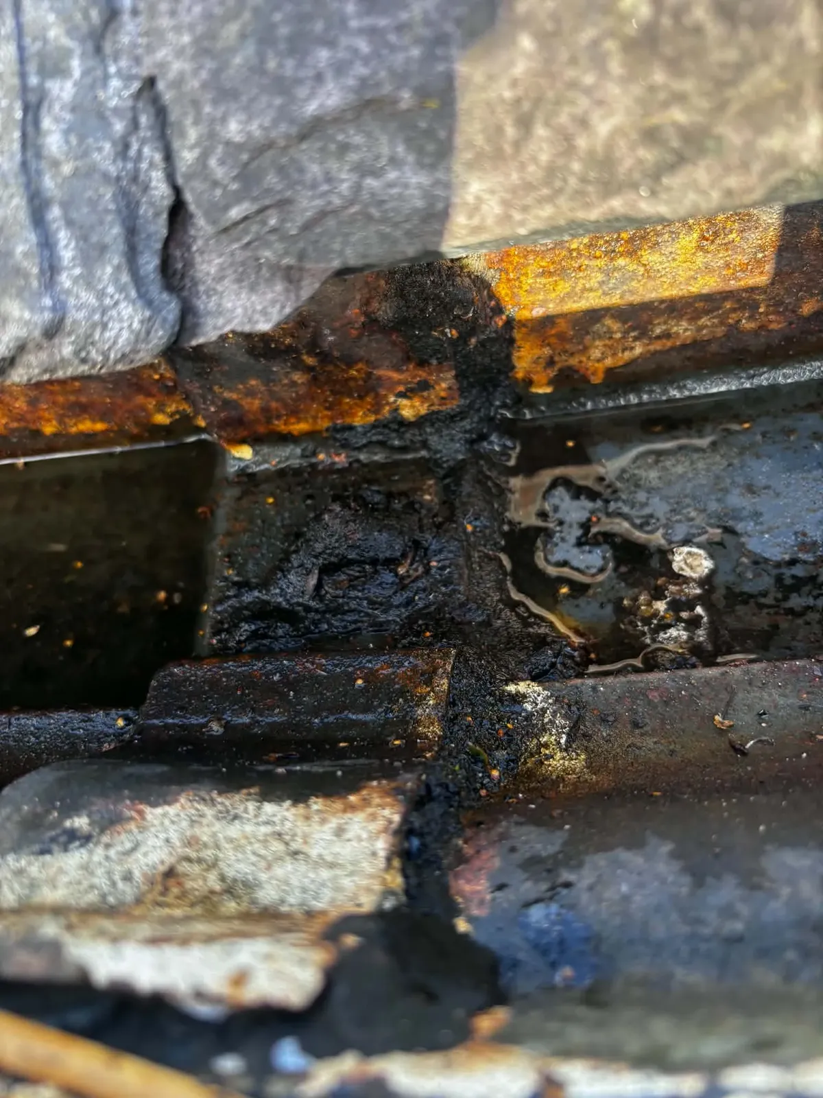 Weathered gutter joint before sealing repair in Yorkshire
